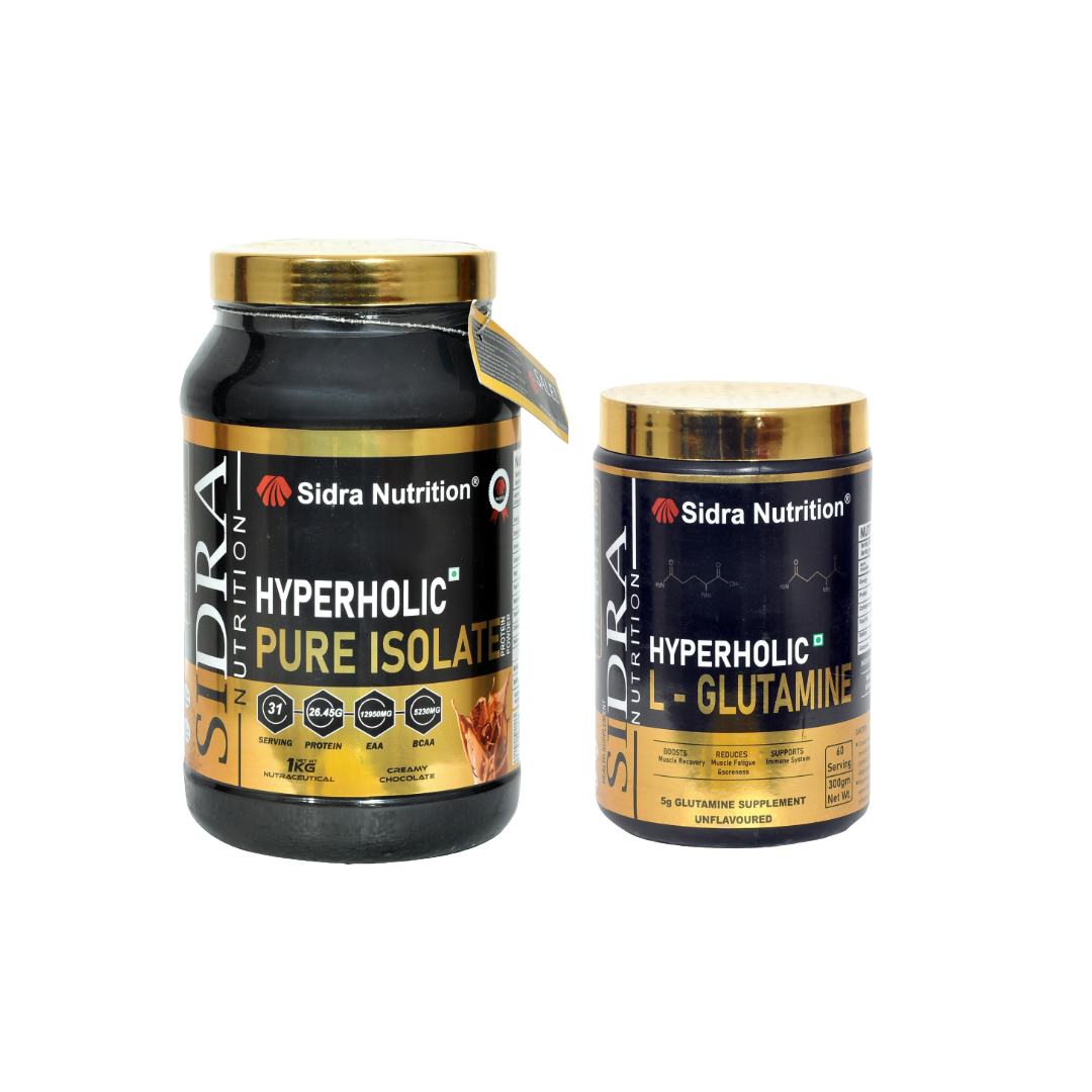 Sidra Nutrition Hyperholic Pure Isolate &  Hyperholic L-Glutamine Combo ( 31 Servings & 60 Servings, 1kg & 300Gm, Creamy Chocolate & Unflavoured )