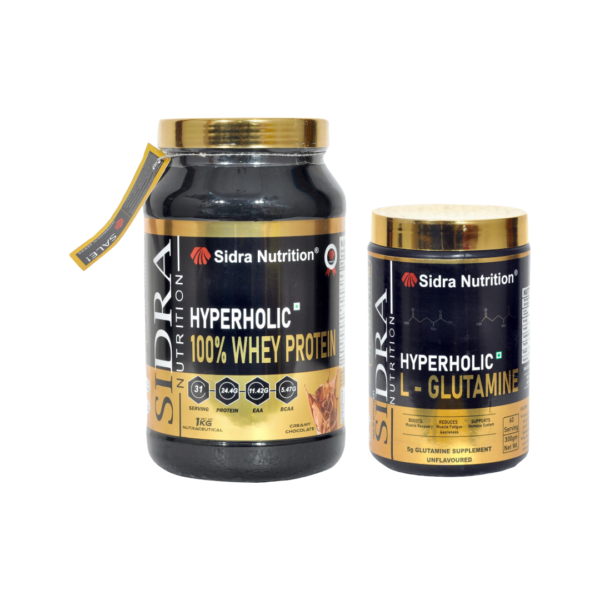 Sidra Nutrition Hyperholic 100% Whey Protein &  Hyperholic L-Glutamine Combo ( 31 Servings & 60 Servings, 1kg & 300Gm, Creamy Chocolate & Unflavoured )