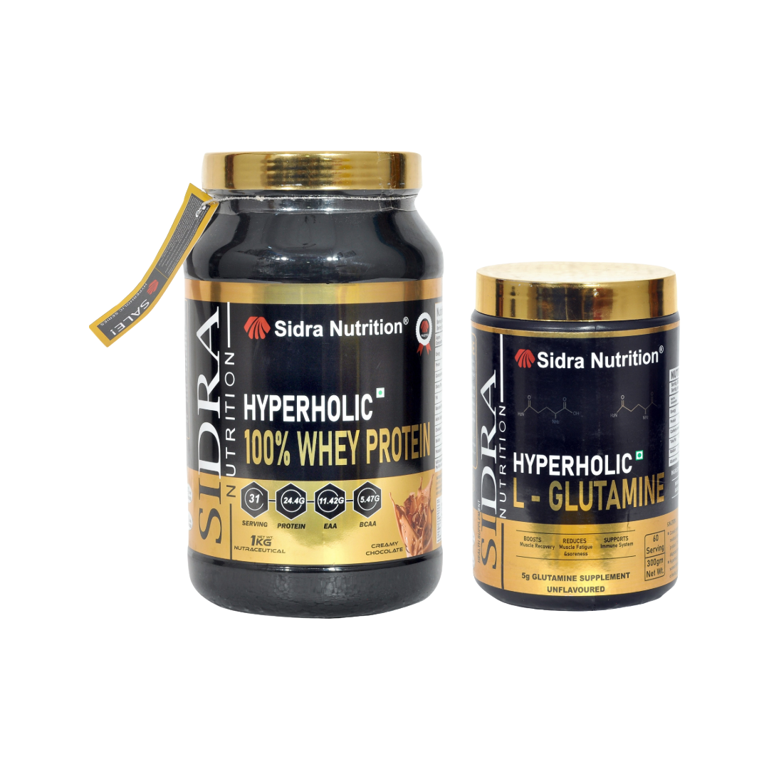Sidra Nutrition Hyperholic 100% Whey Protein &  Hyperholic L-Glutamine Combo ( 31 Servings & 60 Servings, 1kg & 300Gm, Creamy Chocolate & Unflavoured )
